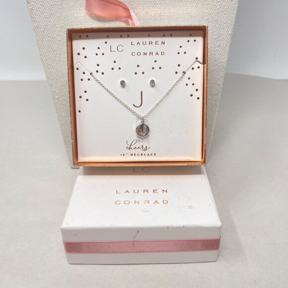Lauren Conrad Letter J Monogram Necklace &‎ Earring Set Gold-Tone 16" Chain New - Picture 2 of 5